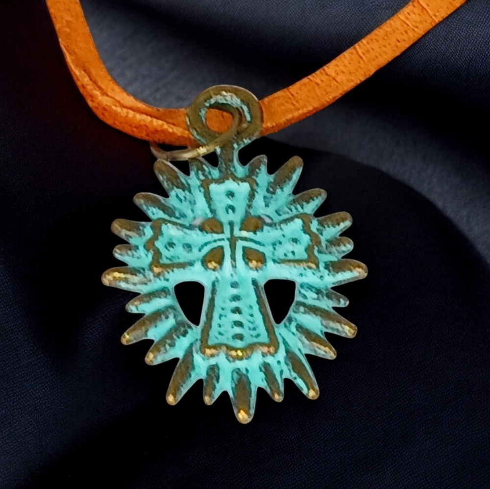 Leather Cord Medallion Necklace Cross Pendant Religious Jewelry Christian Boho - Picture 2 of 14